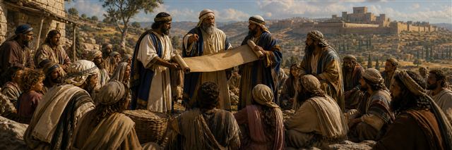 Levites and officials teaching attentive families from an unlettered scroll in a Judean town